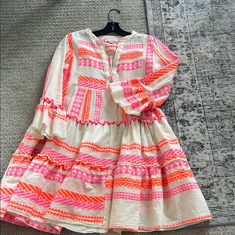 Pink and White Tiered Sundress with Bishop Sleeves